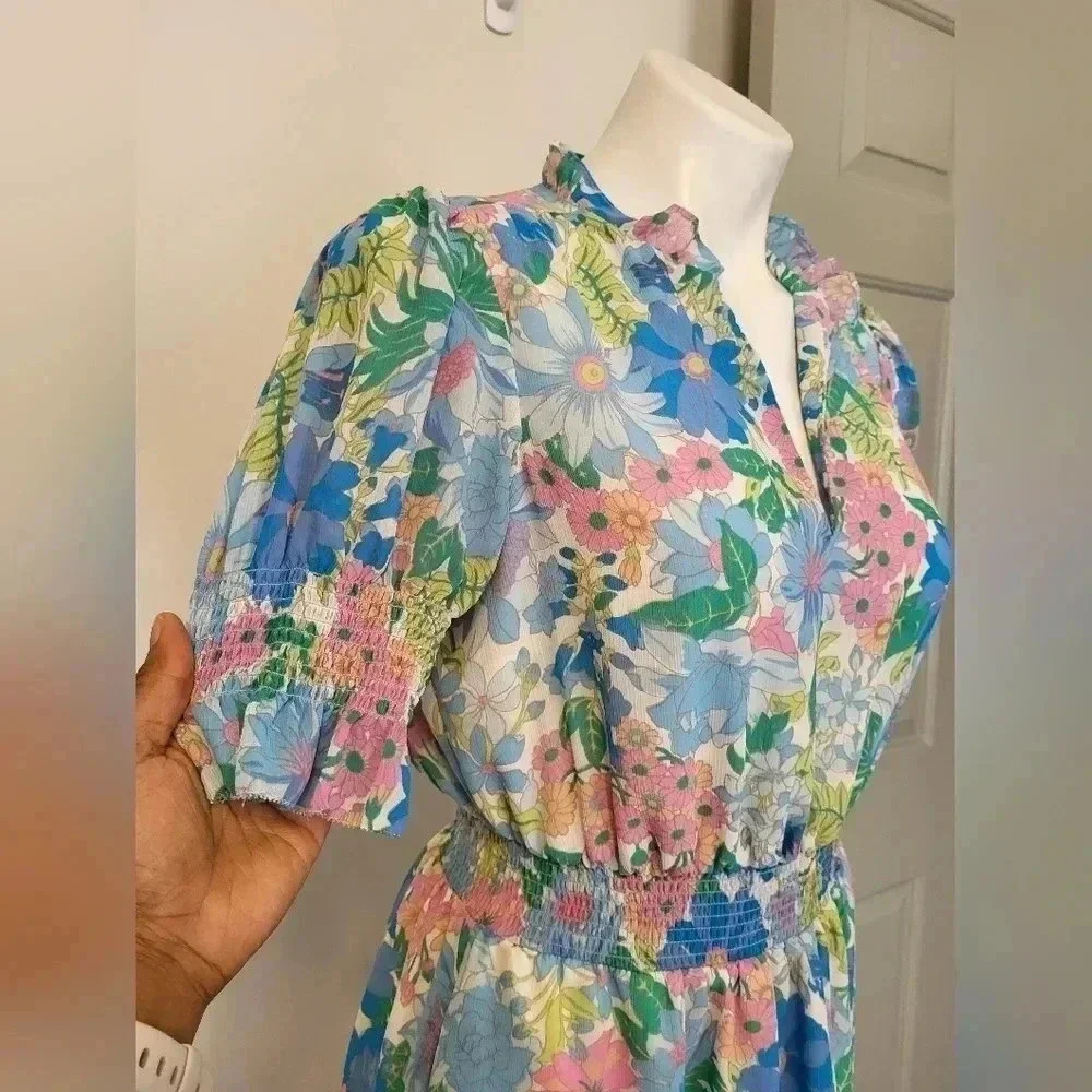 J.CREW Smocked Ruffle Fairy Floral Tiered Fully Lined Midi Dress(XS)